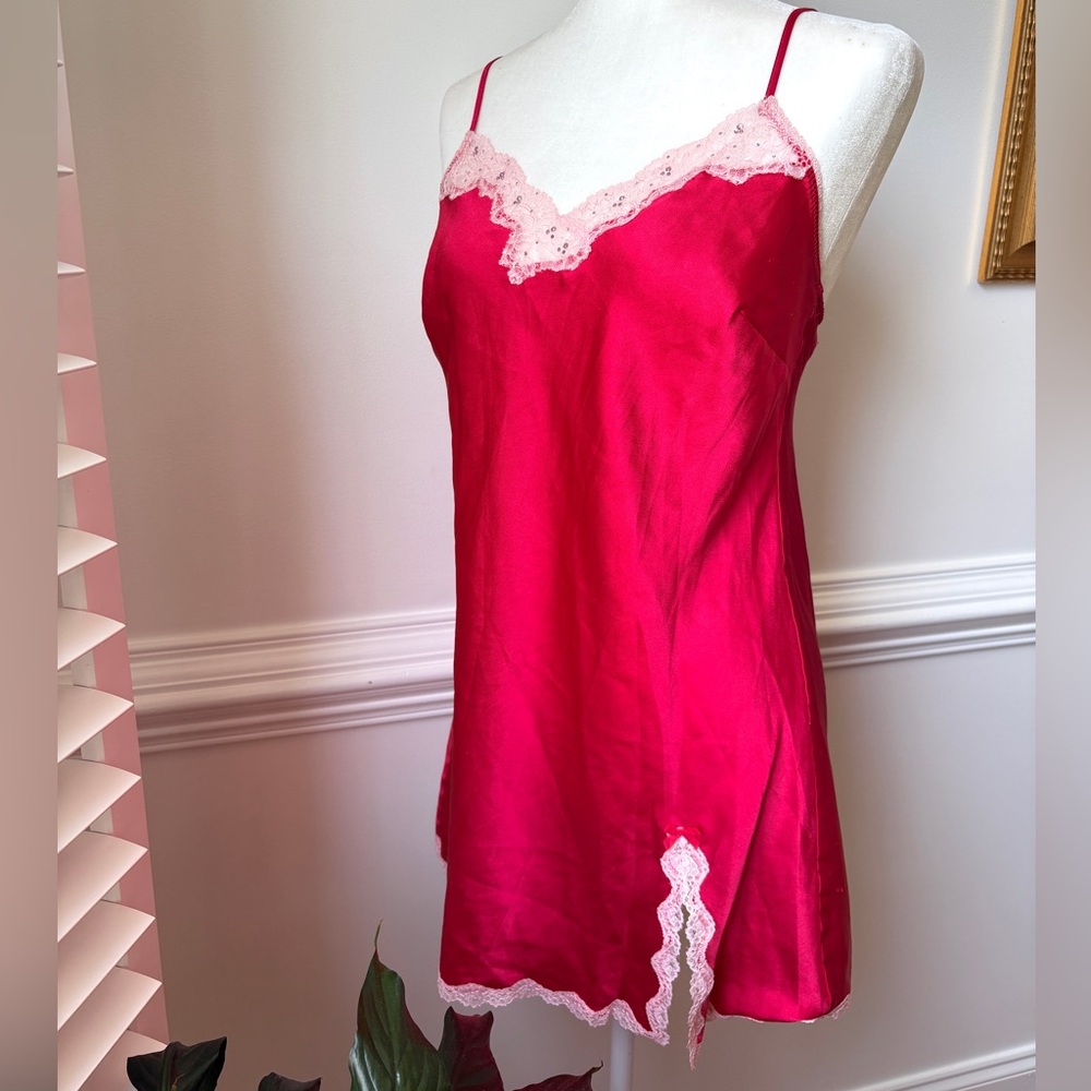 Victoria's Secret Red With Pink Lace Trim Chemise Slip